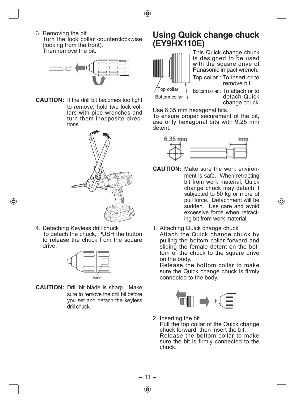Using quick change chuck (ey9hx110e) | Panasonic EY7549 User Manual | Page 11 / 140