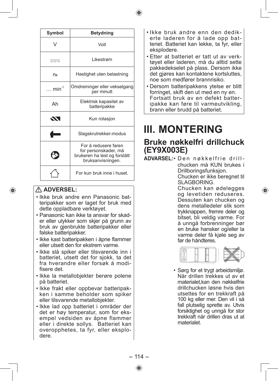 Iii. montering, Bruke nøkkelfri drillchuck (ey9x003e) | Panasonic EY7549 User Manual | Page 114 / 140