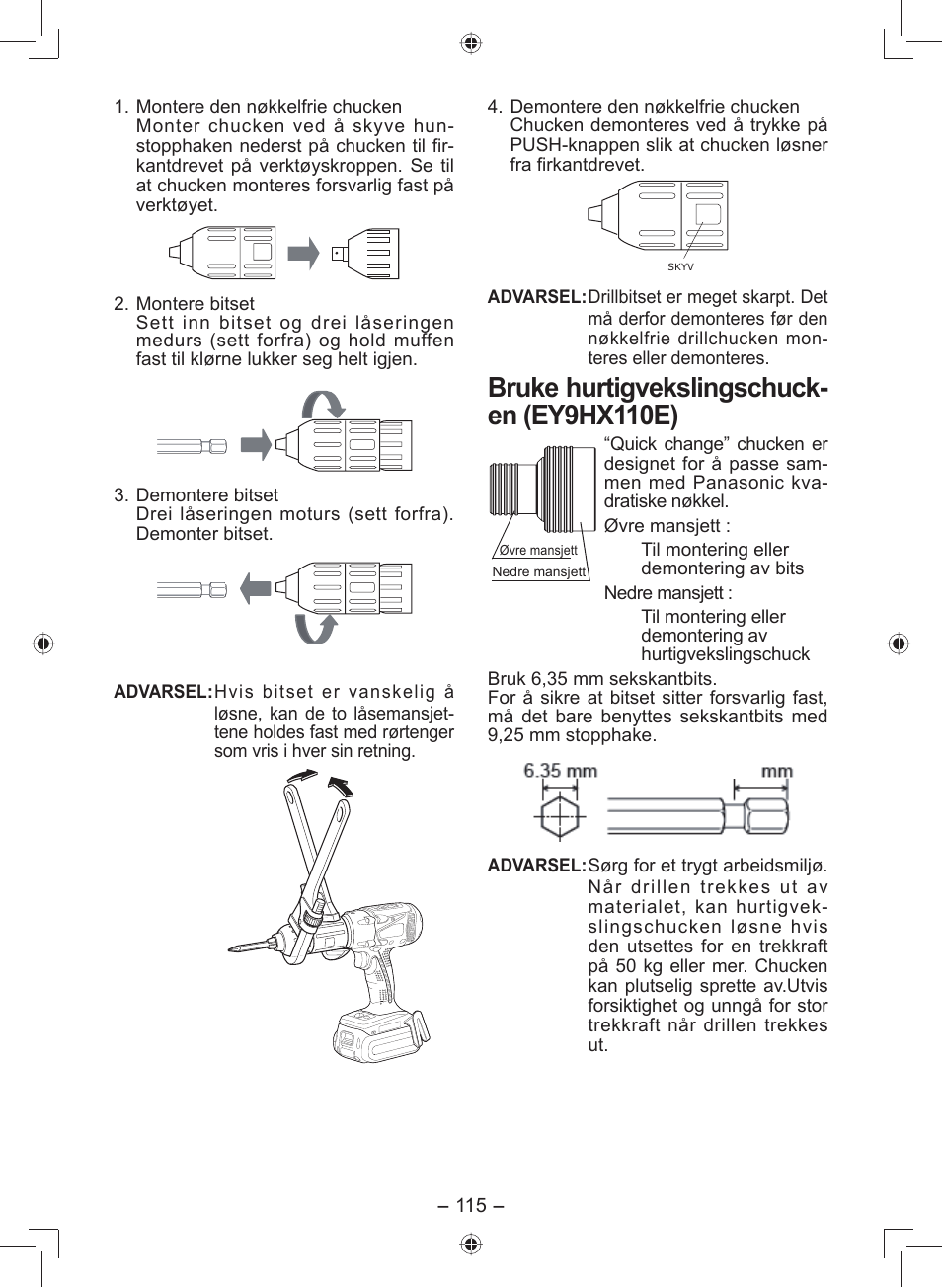 Bruke hurtigvekslingschuck- en (ey9hx110e) | Panasonic EY7549 User Manual | Page 115 / 140