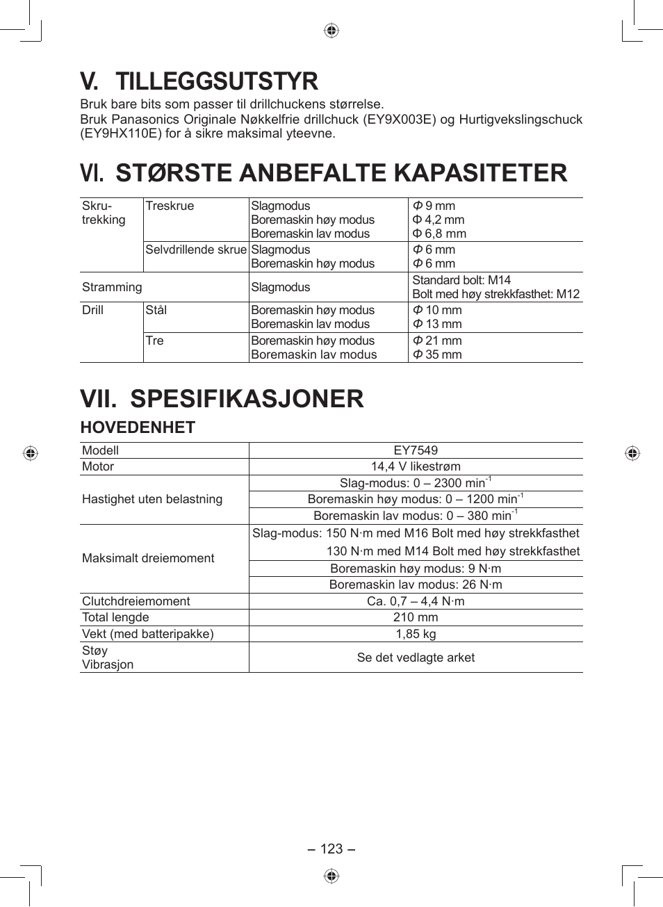 V. tilleggsutstyr, Vi. største anbefalte kapasiteter, Vii. spesifikasjoner | Hovedenhet | Panasonic EY7549 User Manual | Page 123 / 140