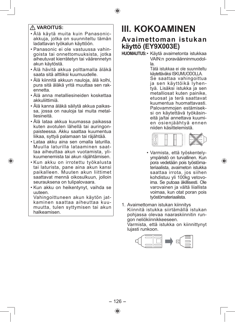 Iii. kokoaminen, Avaimettoman istukan käyttö (ey9x003e) | Panasonic EY7549 User Manual | Page 126 / 140