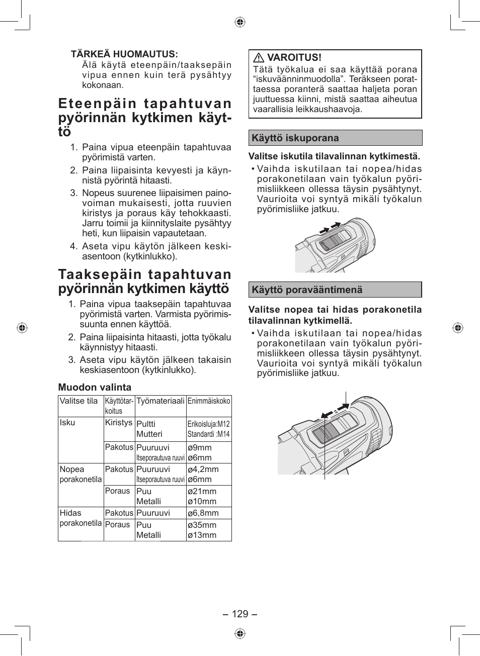 Eteenpäin tapahtuvan pyö rinnän kytkimen käyt- tö, Taaksepäin tapahtuvan pyörinnän kytkimen käyttö | Panasonic EY7549 User Manual | Page 129 / 140