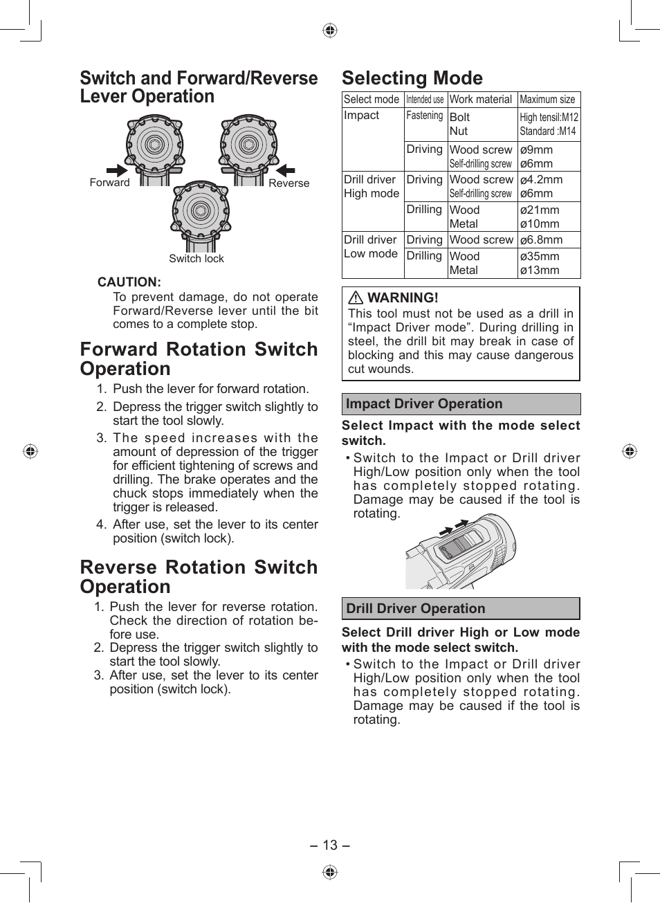 Switch and forward/reverse lever operation, Forward rotation switch operation, Reverse rotation switch operation | Selecting mode | Panasonic EY7549 User Manual | Page 13 / 140