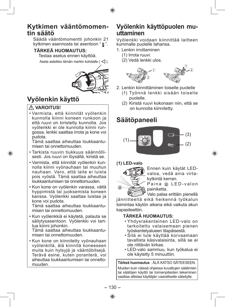 Kytkimen vääntömomen- tin säätö, Vyölenkin käyttö, Vyölenkin käyttöpuolen mu- ut ta mi nen | Säätöpaneeli | Panasonic EY7549 User Manual | Page 130 / 140
