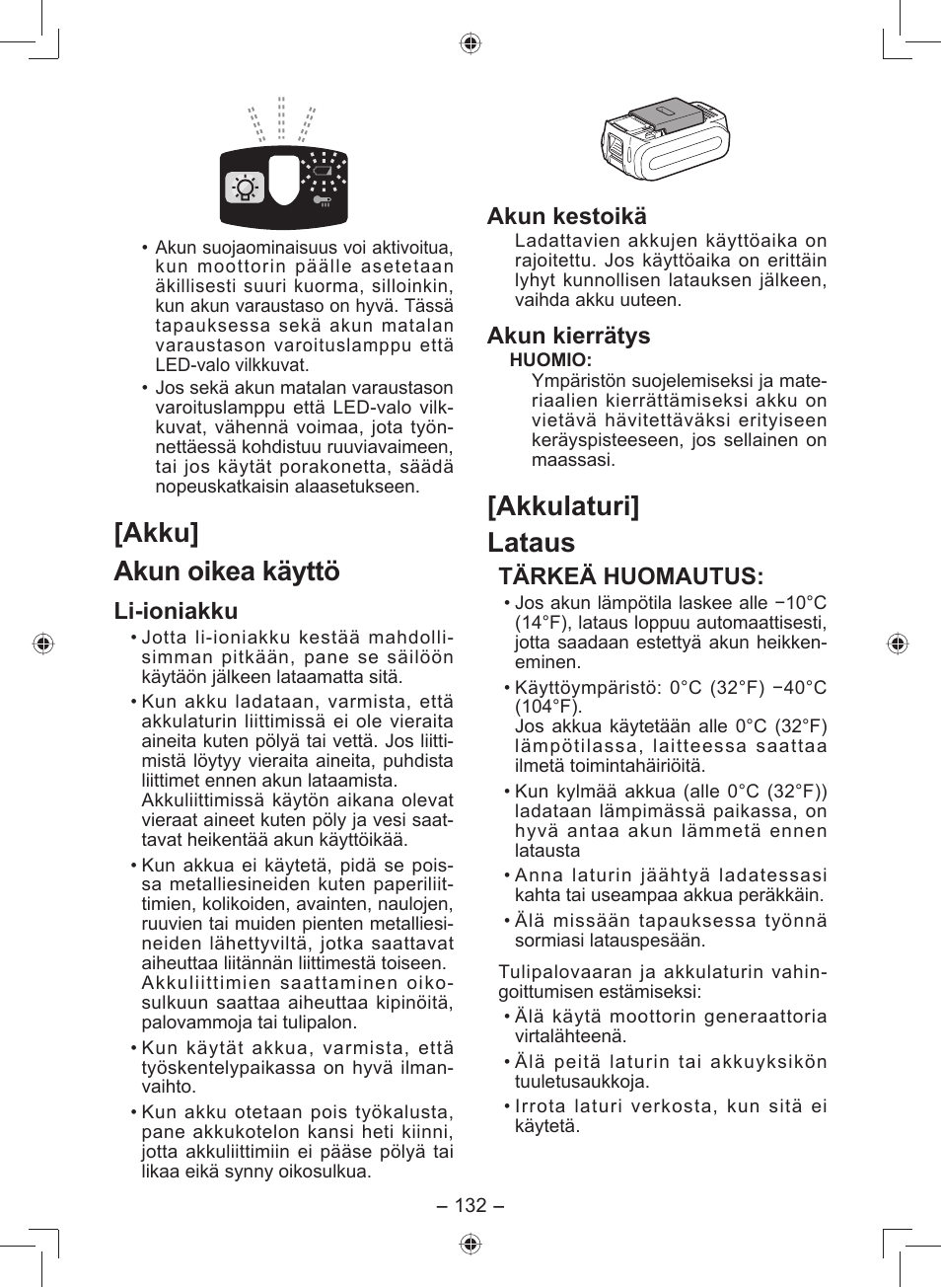 Akku] akun oikea käyttö, Akkulaturi] lataus, Li-ioniakku | Akun kestoikä, Akun kierrätys, Tärkeä huomautus | Panasonic EY7549 User Manual | Page 132 / 140