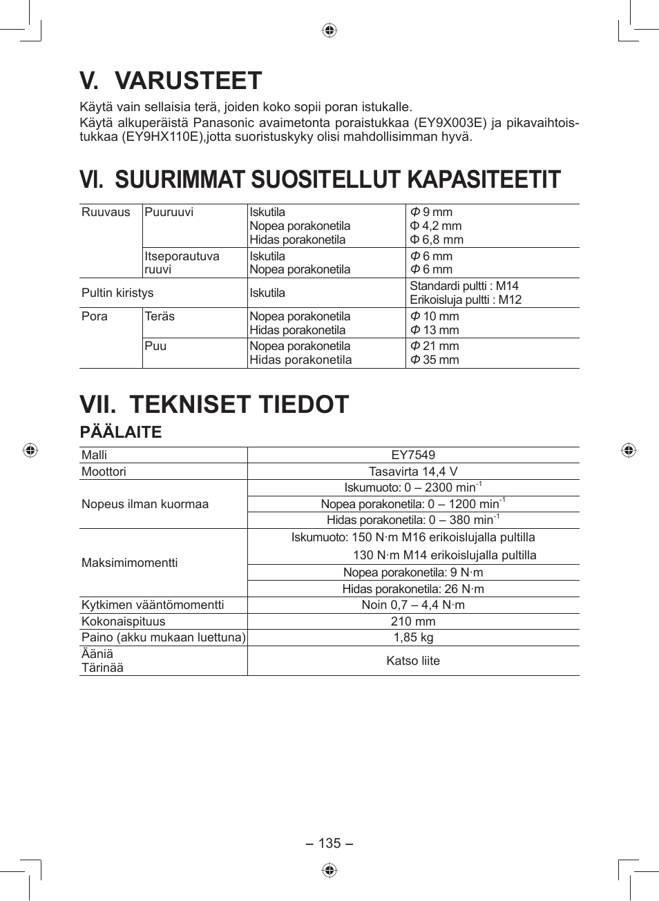 V. varusteet, Vi. suurimmat suositellut kapasiteetit, Vii. tekniset tiedot | Päälaite | Panasonic EY7549 User Manual | Page 135 / 140