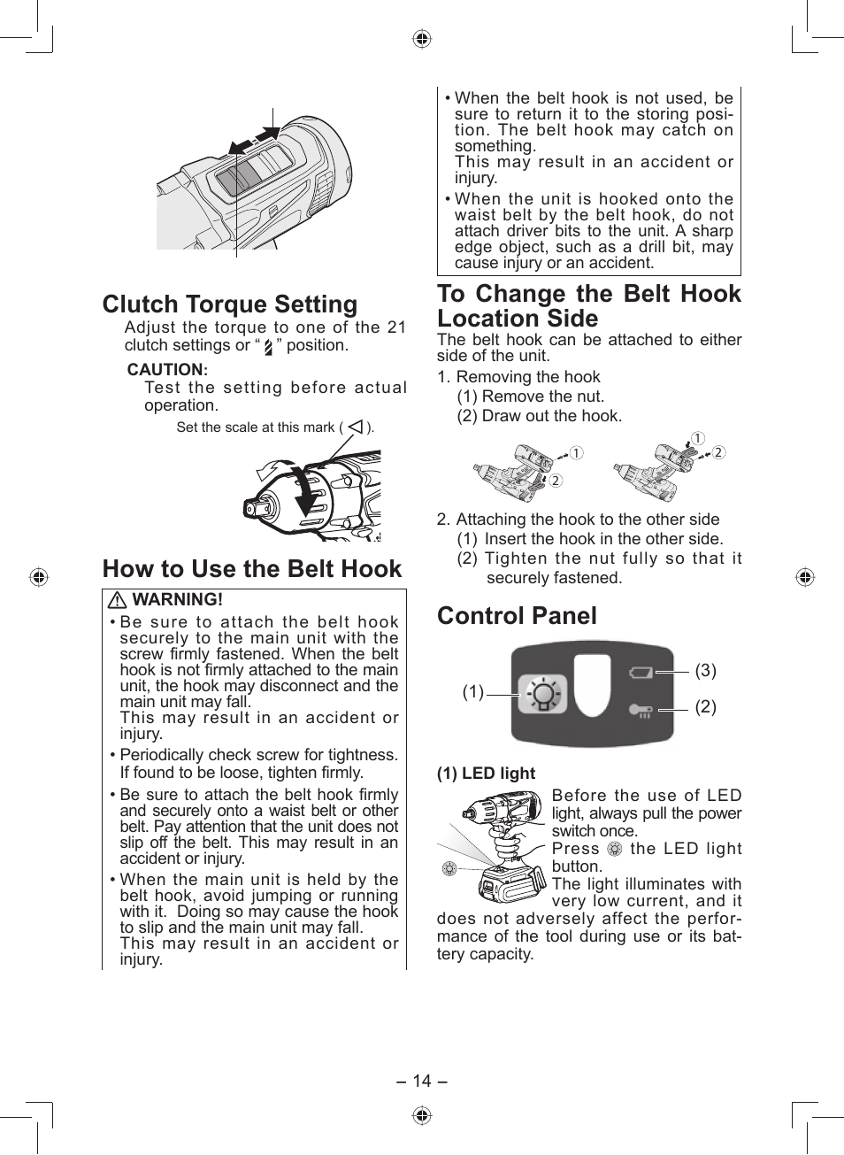 Clutch torque setting, How to use the belt hook, Control panel | Panasonic EY7549 User Manual | Page 14 / 140