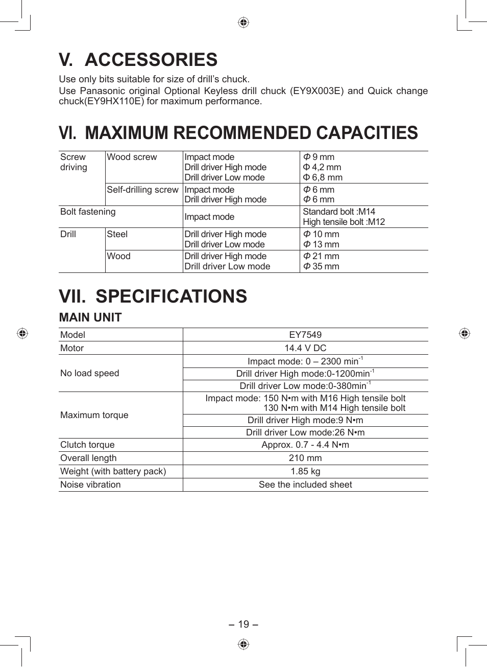 V. accessories, Vi. maximum recommended capacities, Vii. specifications | Main unit | Panasonic EY7549 User Manual | Page 19 / 140