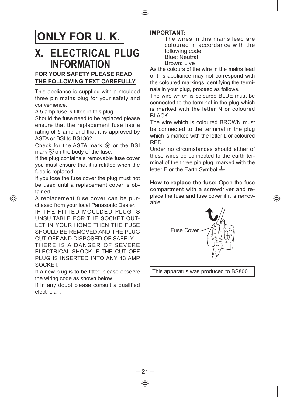 Only for u. k. x. electrical plug information | Panasonic EY7549 User Manual | Page 21 / 140