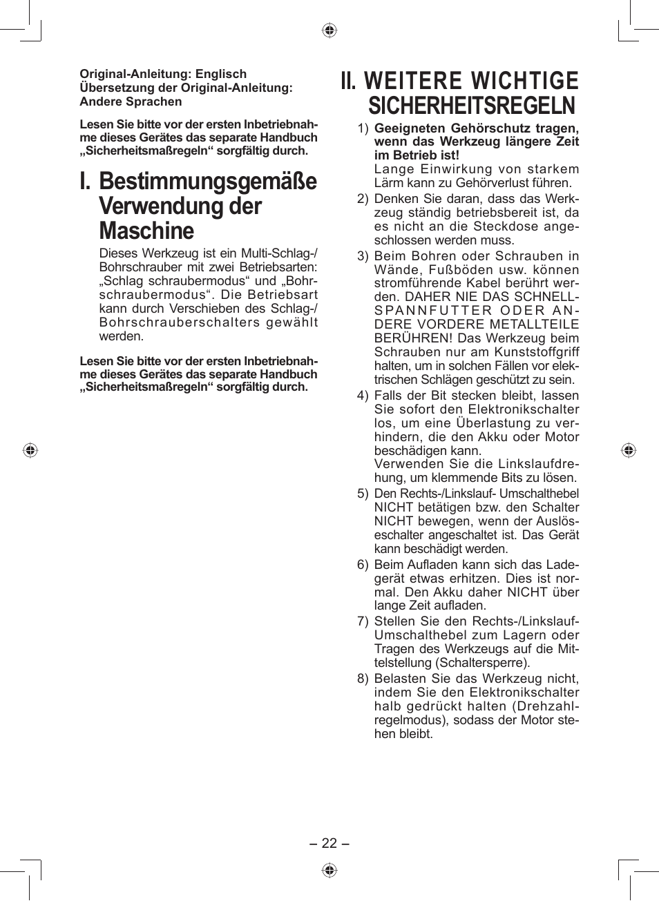 I. bestimmungsgemäße verwendung der maschine, Ii. weitere wichtige sicherheitsregeln | Panasonic EY7549 User Manual | Page 22 / 140