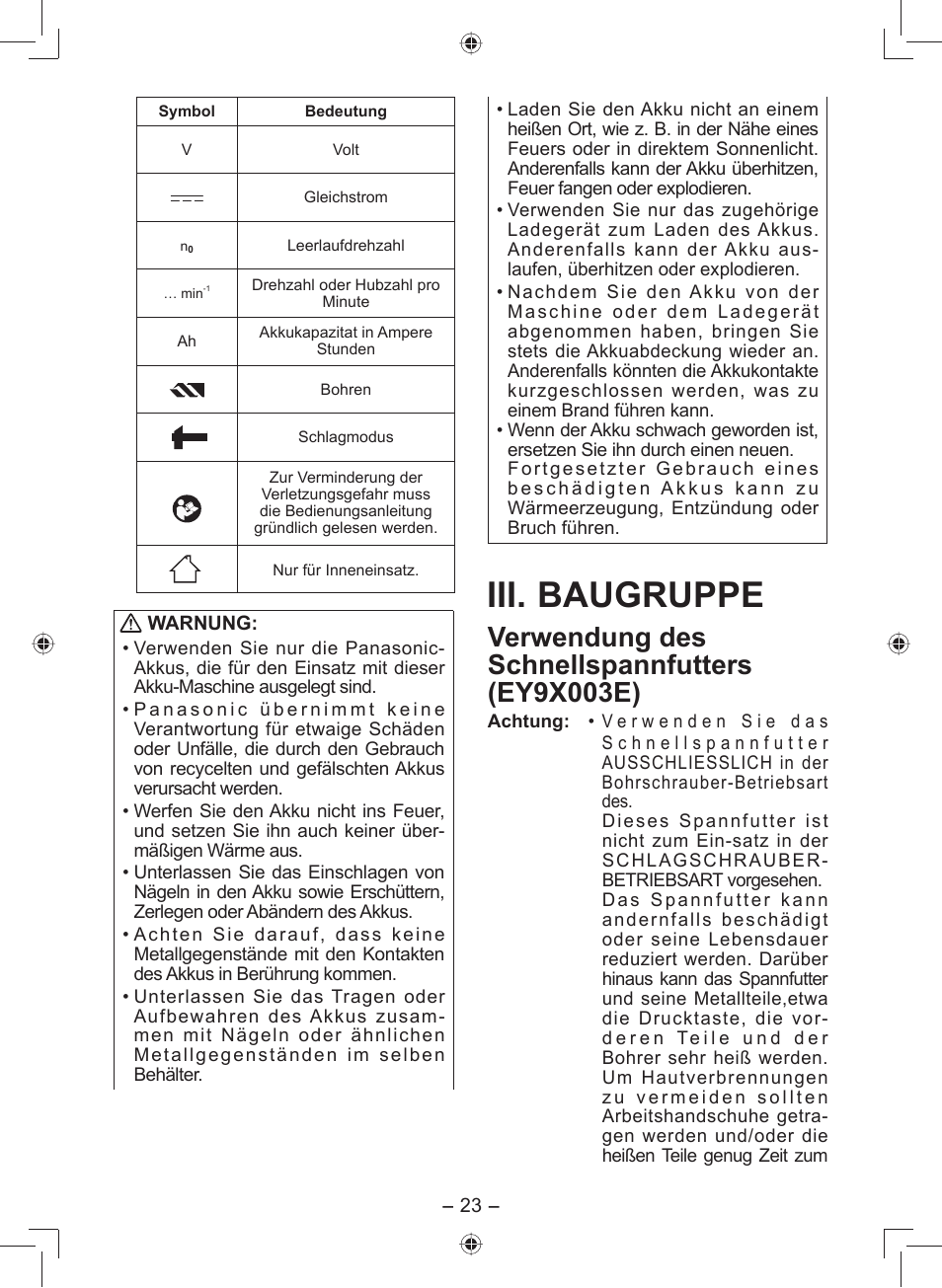 Iii. baugruppe, Verwendung des schnellspannfutters (ey9x003e) | Panasonic EY7549 User Manual | Page 23 / 140