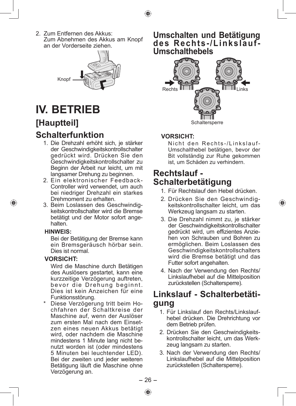 Iv. betrieb, Hauptteil] schalterfunktion, Rechtslauf - schalterbetäti gung | Linkslauf - schalterbetäti- gung | Panasonic EY7549 User Manual | Page 26 / 140