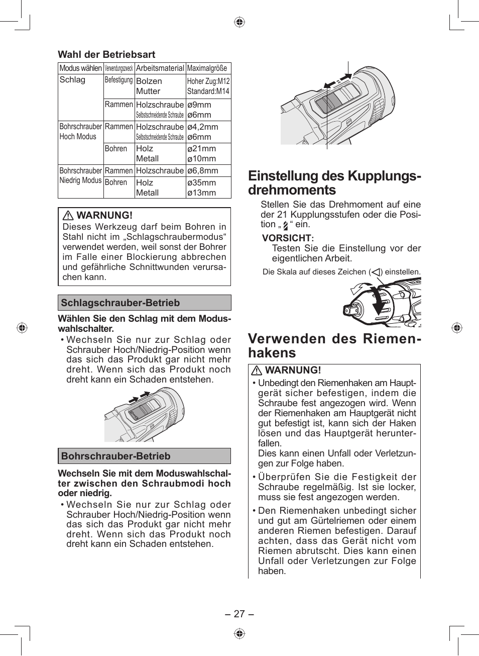 Einstellung des kupplungs- drehmoments, Verwenden des riemen- hakens | Panasonic EY7549 User Manual | Page 27 / 140