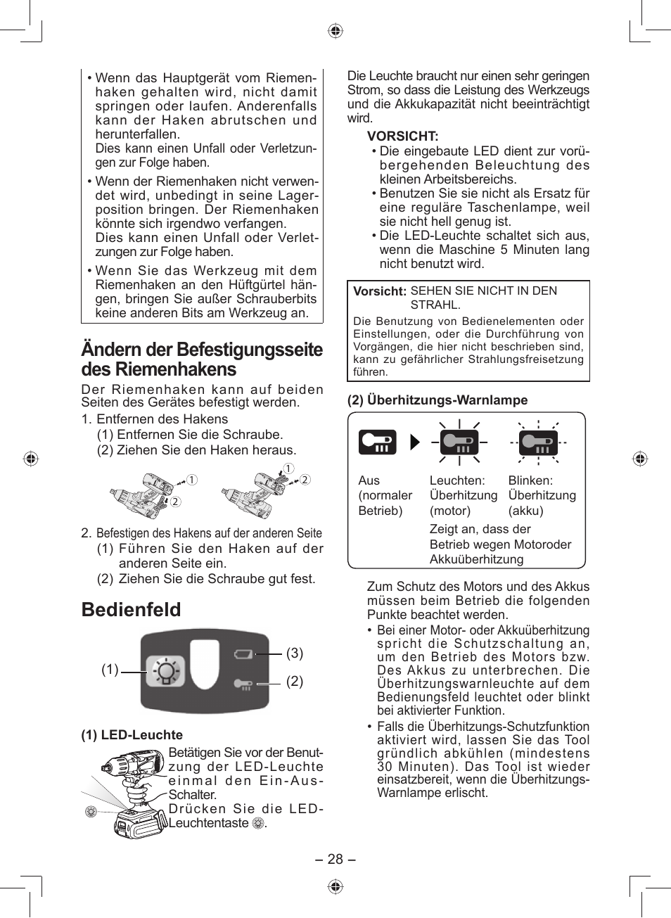 Ändern der befestigungsseite des riemenhakens, Bedienfeld | Panasonic EY7549 User Manual | Page 28 / 140