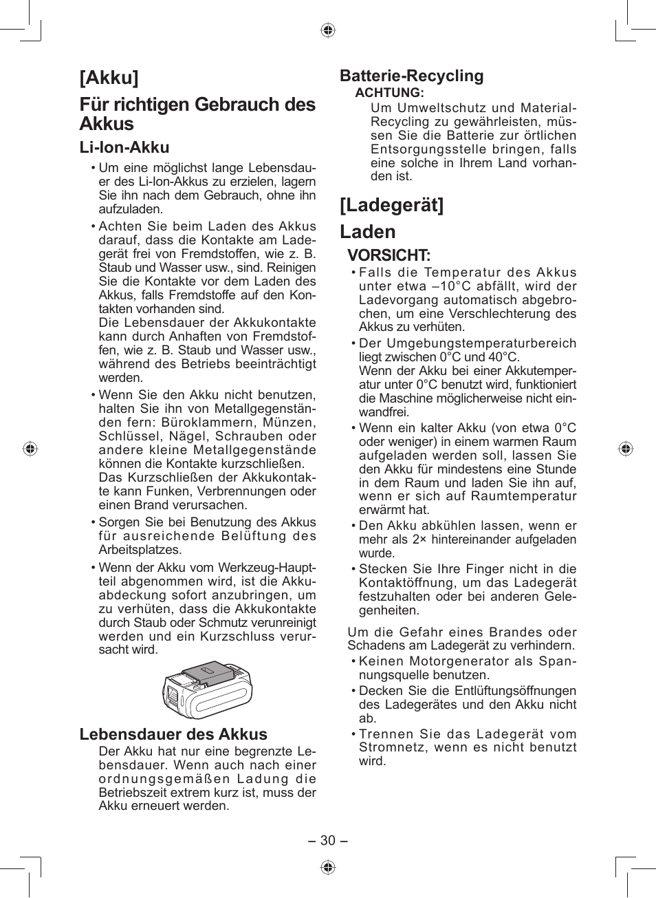 Akku] für richtigen gebrauch des akkus, Ladegerät] laden, Li-ion-akku | Lebensdauer des akkus, Batterie-recycling, Vorsicht | Panasonic EY7549 User Manual | Page 30 / 140