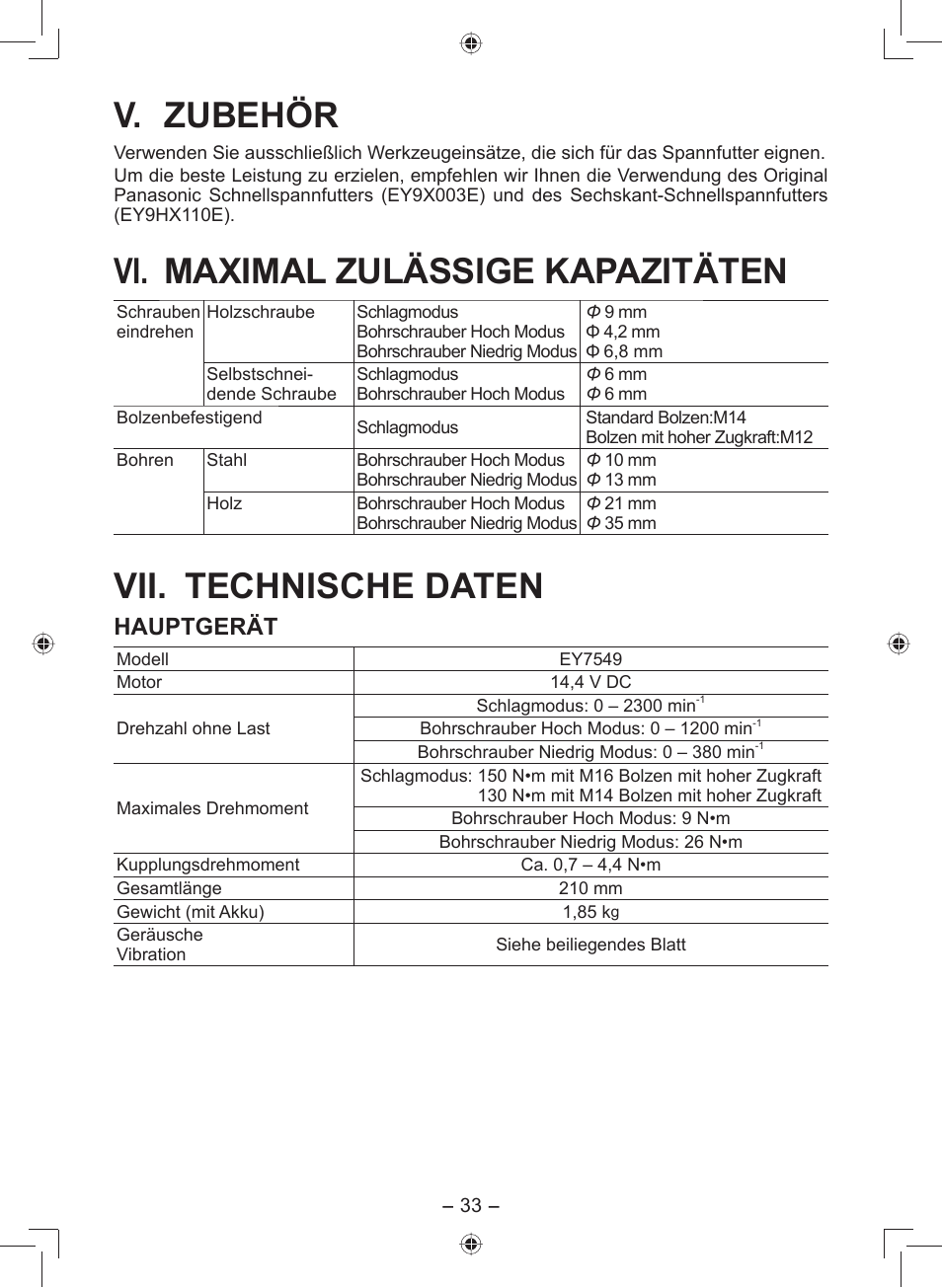 V. zubehör, Vi. maximal zulässige kapazitäten, Vii. technische daten | Hauptgerät | Panasonic EY7549 User Manual | Page 33 / 140