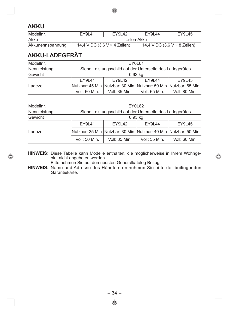 Akku, Akku-ladegerät | Panasonic EY7549 User Manual | Page 34 / 140
