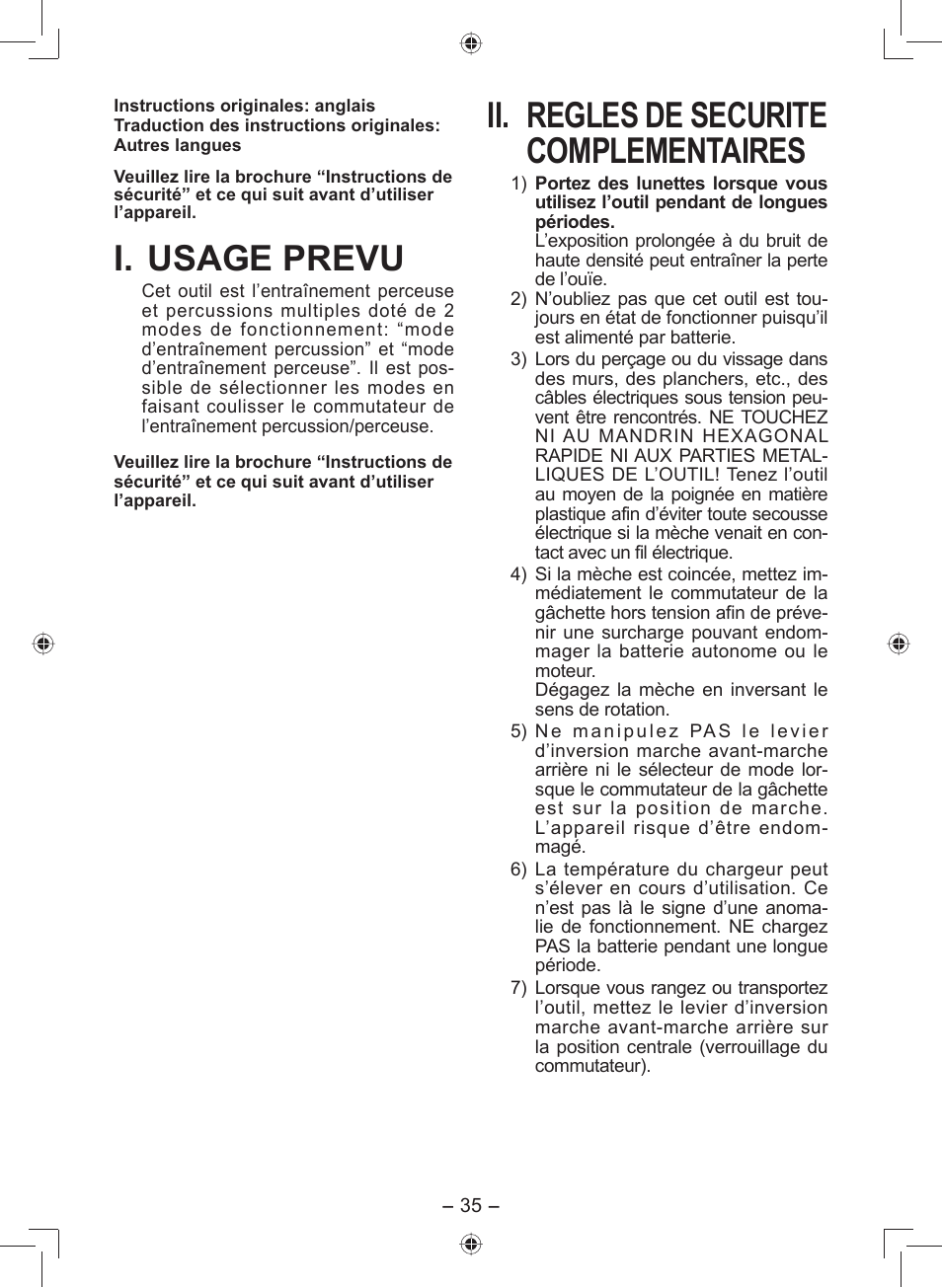 I. usage prevu, Ii. regles de securite complementaires | Panasonic EY7549 User Manual | Page 35 / 140