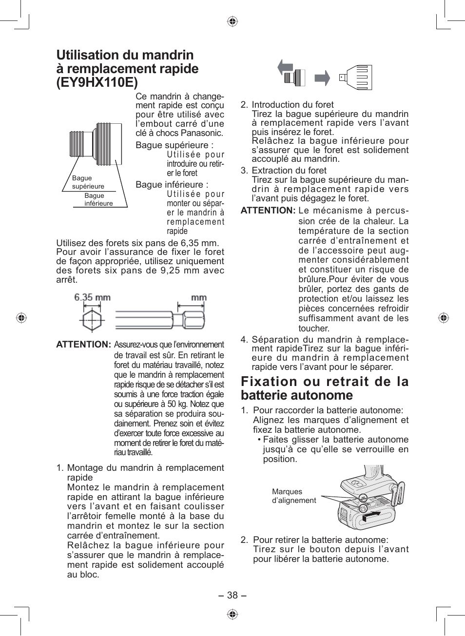 Fixation ou retrait de la bat terie autonome | Panasonic EY7549 User Manual | Page 38 / 140