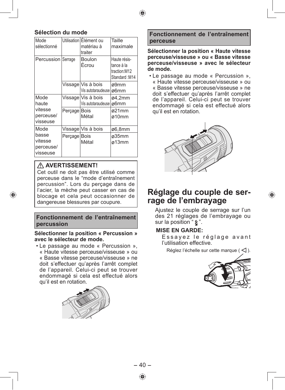 Réglage du couple de ser- rage de l’embrayage | Panasonic EY7549 User Manual | Page 40 / 140