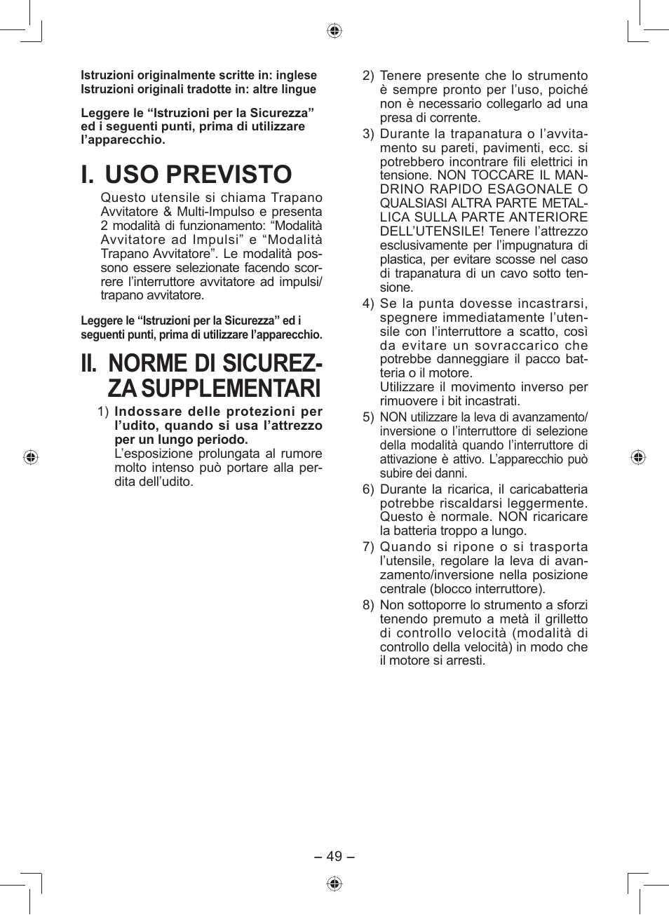 I. uso previsto, Ii. norme di sicurez- za supplementari | Panasonic EY7549 User Manual | Page 49 / 140