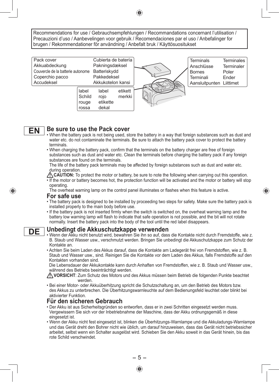 En de, Be sure to use the pack cover, For safe use | Unbedingt die akkuschutzkappe verwenden, Für den sicheren gebrauch | Panasonic EY7549 User Manual | Page 5 / 140