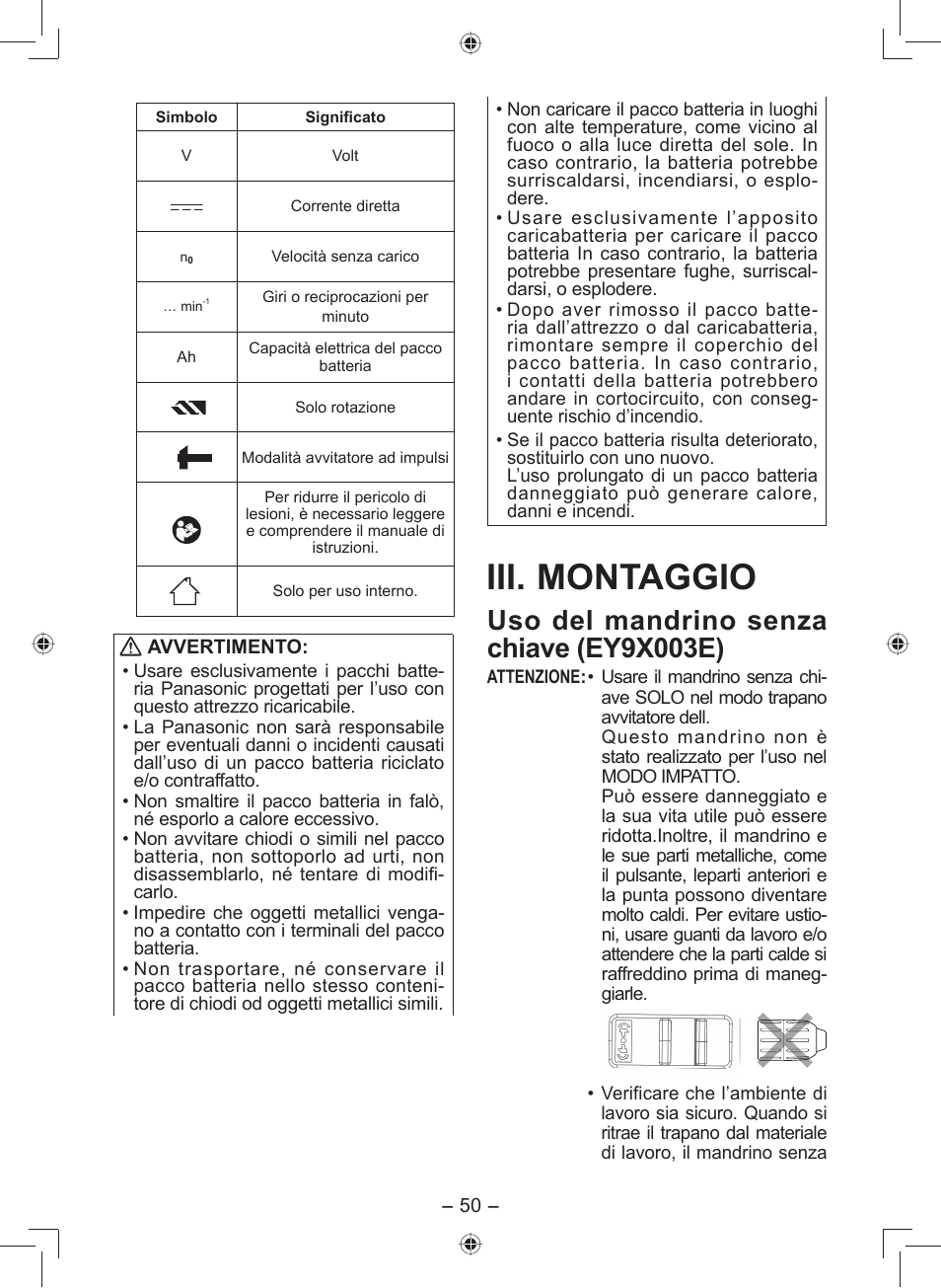Iii. montaggio, Uso del mandrino senza chiave (ey9x003e) | Panasonic EY7549 User Manual | Page 50 / 140
