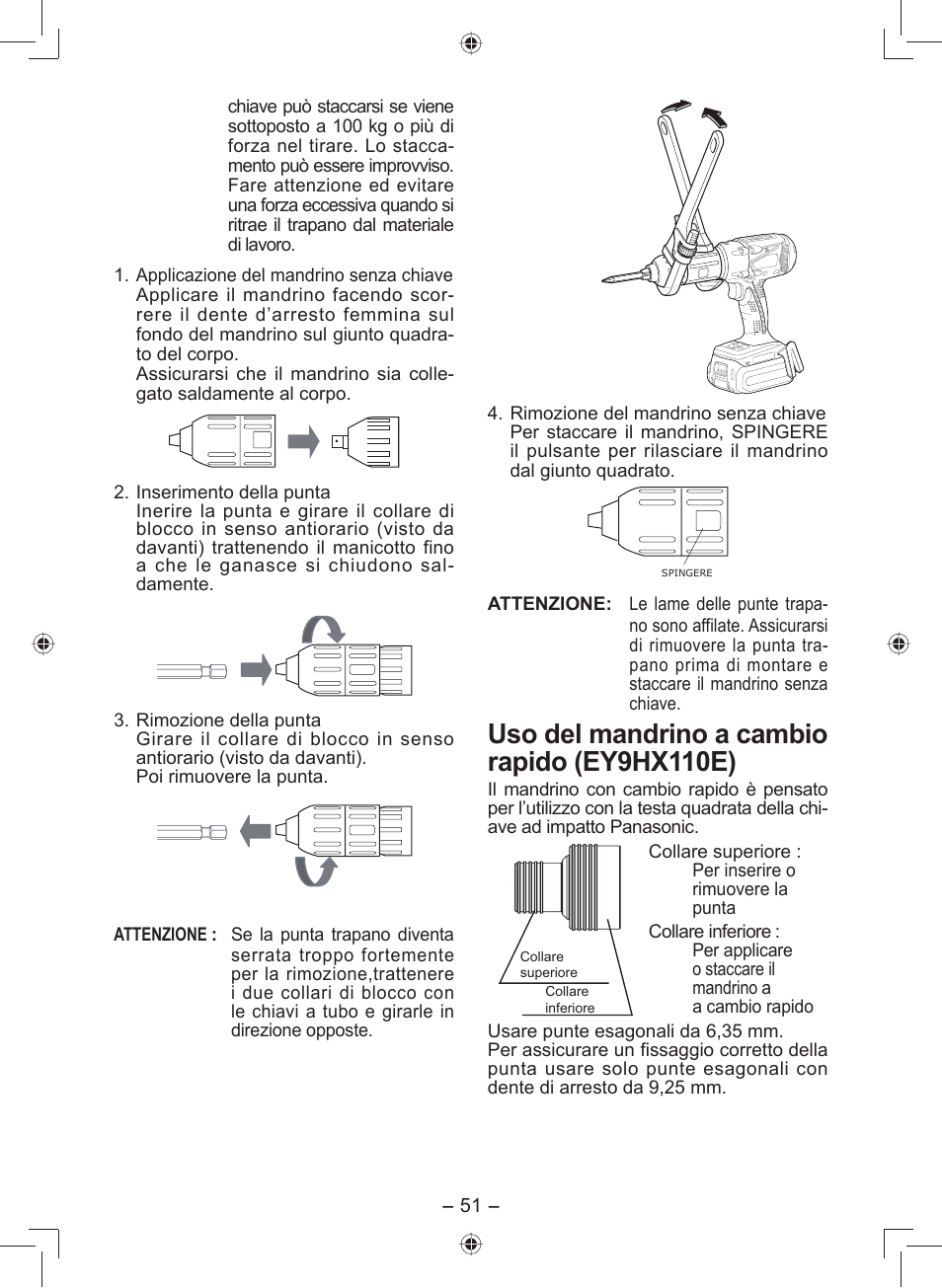 Uso del mandrino a cambio rapido (ey9hx110e) | Panasonic EY7549 User Manual | Page 51 / 140