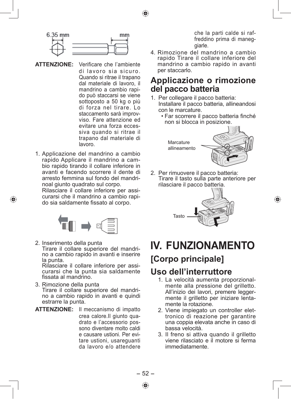 Iv. funzionamento, Applicazione o rimozione del pacco batteria, Corpo principale] uso dell’interruttore | Panasonic EY7549 User Manual | Page 52 / 140