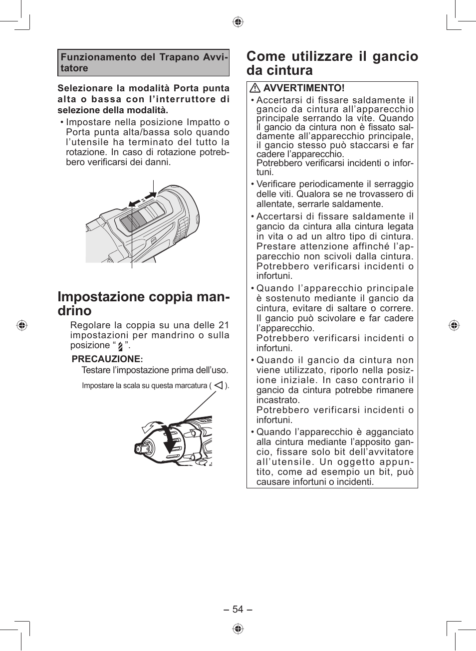 Impostazione coppia man- drino, Come utilizzare il gancio da cintura | Panasonic EY7549 User Manual | Page 54 / 140