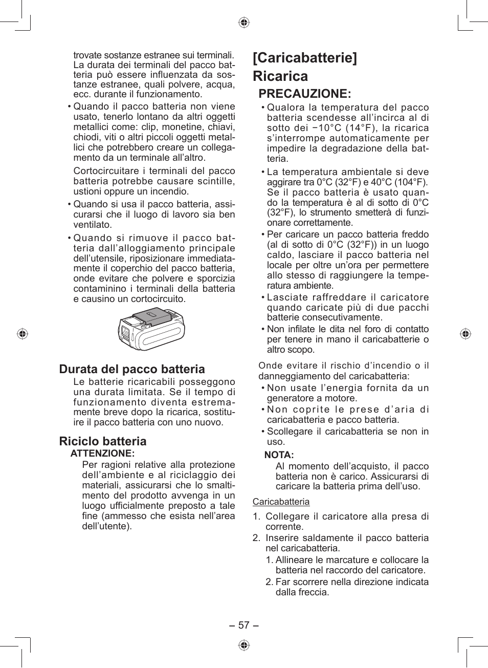 Caricabatterie] ricarica, Durata del pacco batteria, Riciclo batteria | Precauzione | Panasonic EY7549 User Manual | Page 57 / 140