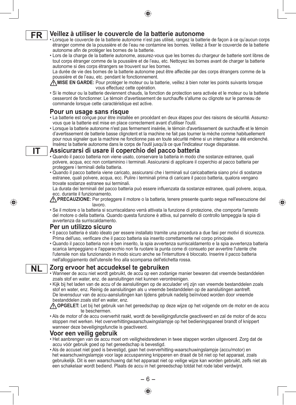 It nl fr, Pour un usage sans risque, Per un utilizzo sicuro | Zorg ervoor het accudeksel te gebruiken, Voor een veilig gebruik | Panasonic EY7549 User Manual | Page 6 / 140