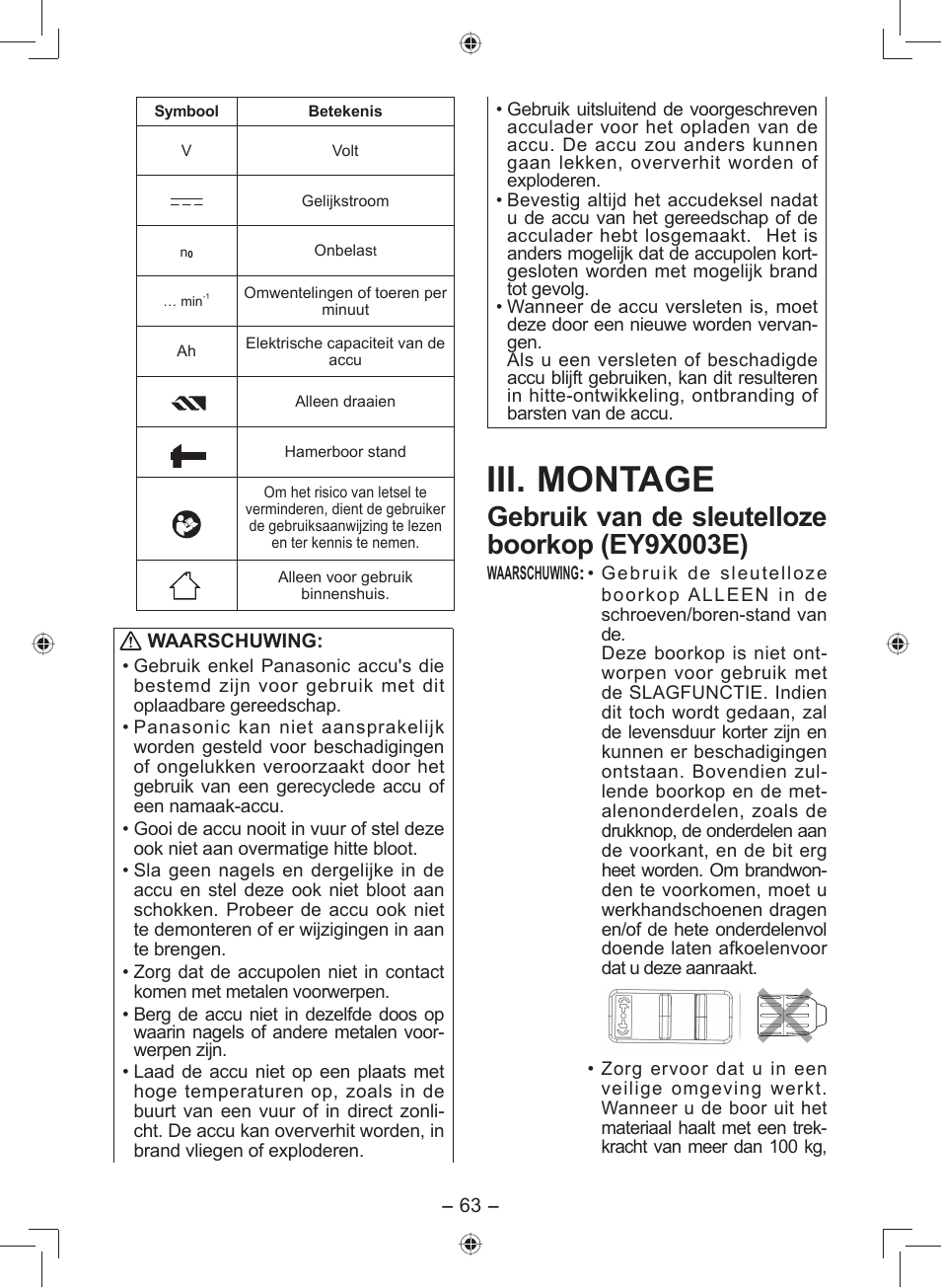 Iii. montage, Gebruik van de sleutelloze boorkop (ey9x003e) | Panasonic EY7549 User Manual | Page 63 / 140