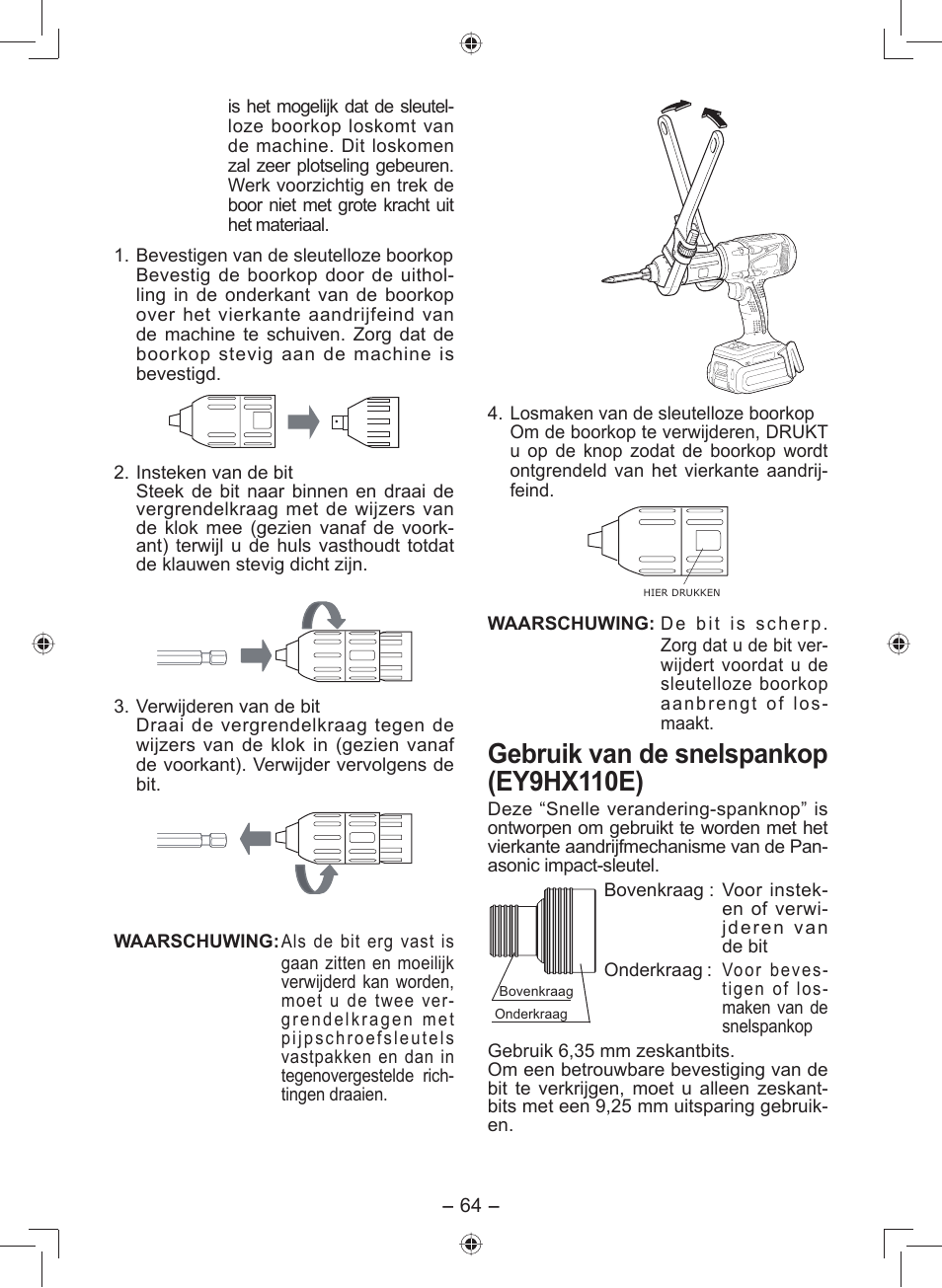 Gebruik van de snelspankop (ey9hx110e) | Panasonic EY7549 User Manual | Page 64 / 140