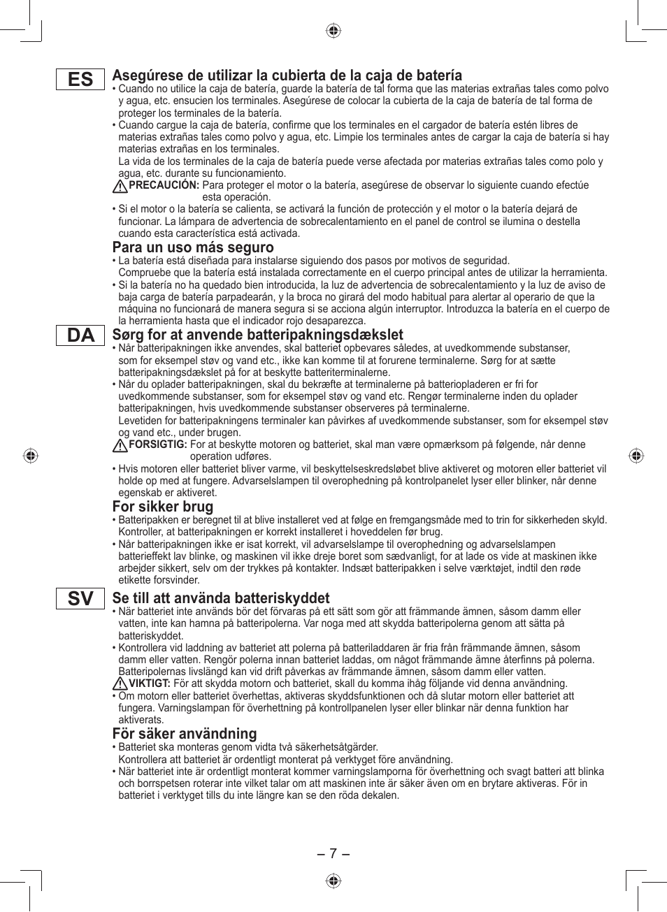 Da sv, Para un uso más seguro, Sørg for at anvende batteripakningsdækslet | For sikker brug, Se till att använda batteriskyddet, För säker användning | Panasonic EY7549 User Manual | Page 7 / 140