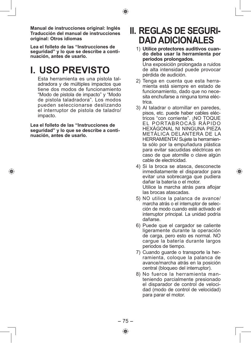 I. uso previsto, Ii. reglas de seguri- dad adicionales | Panasonic EY7549 User Manual | Page 75 / 140