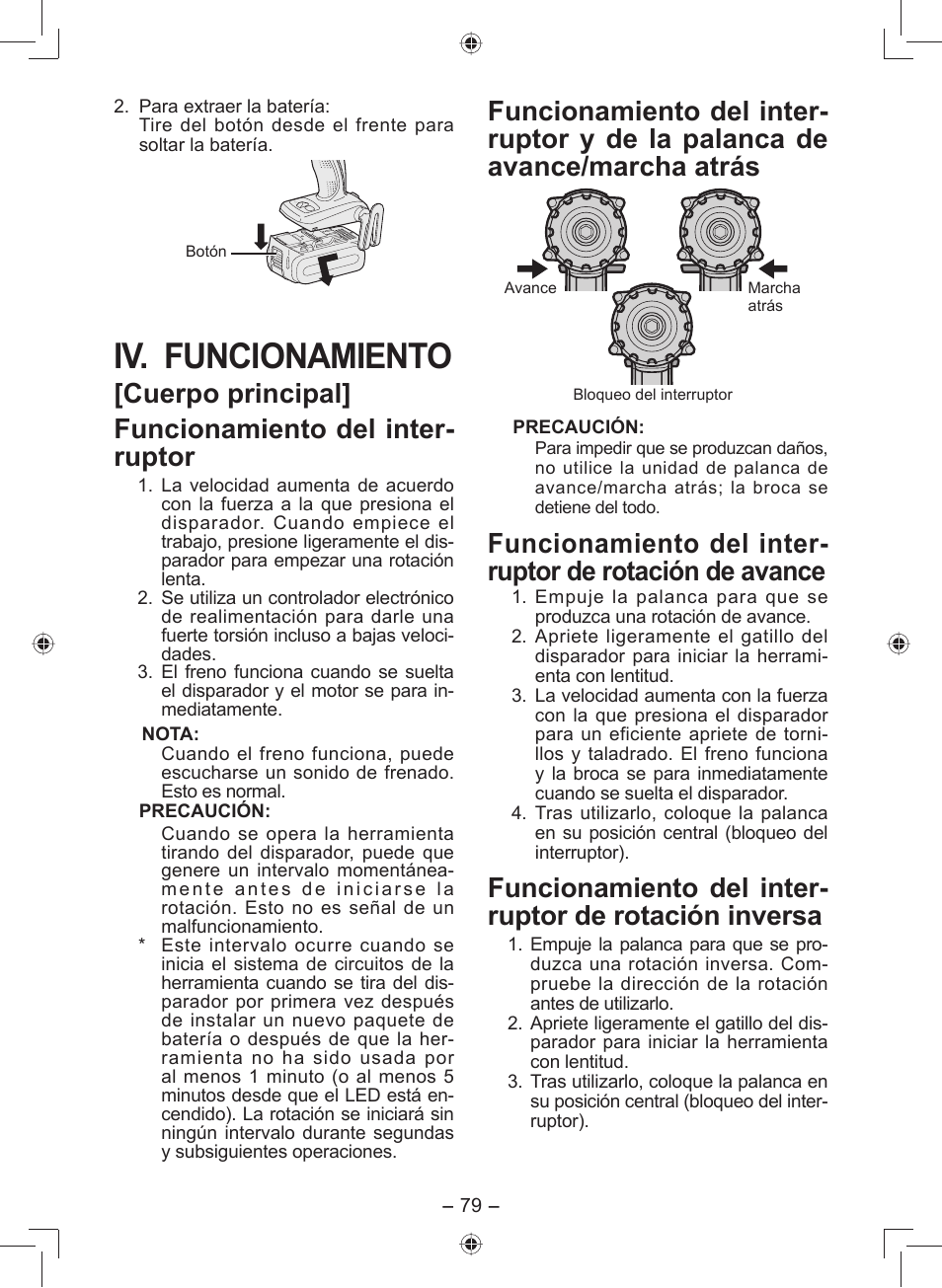 Iv. funcionamiento, Cuerpo principal] funcionamiento del inter- ruptor | Panasonic EY7549 User Manual | Page 79 / 140