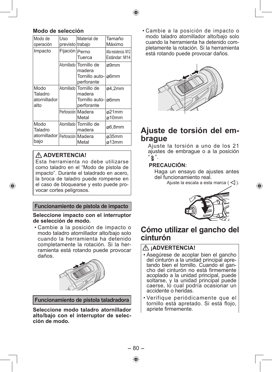 Ajuste de torsión del em- brague, Cómo utilizar el gancho del cinturón | Panasonic EY7549 User Manual | Page 80 / 140