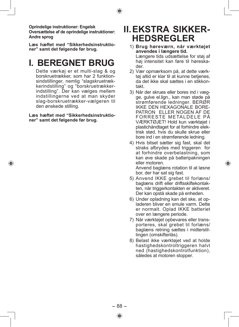 I. beregnet brug, Ii. ekstra sikker- hedsregler | Panasonic EY7549 User Manual | Page 88 / 140