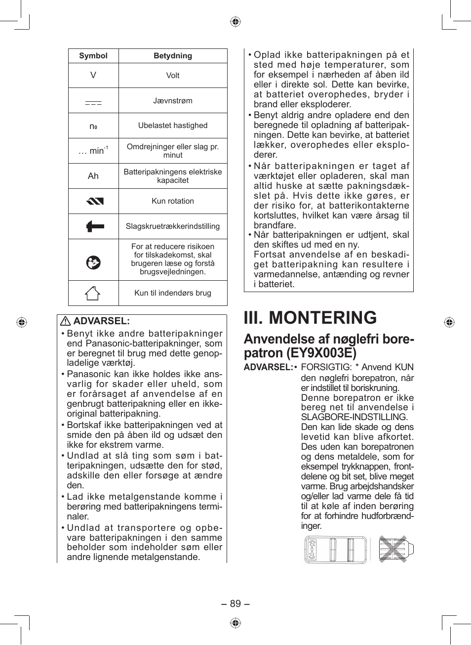 Iii. montering, Anvendelse af nøglefri bore- patron (ey9x003e) | Panasonic EY7549 User Manual | Page 89 / 140