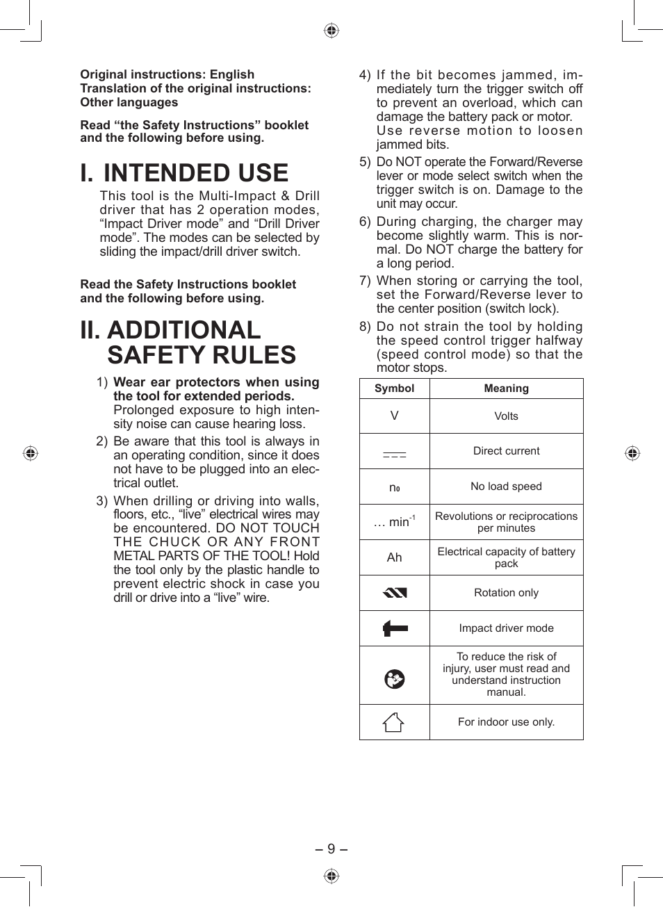 I. intended use, Ii. additional safety rules | Panasonic EY7549 User Manual | Page 9 / 140