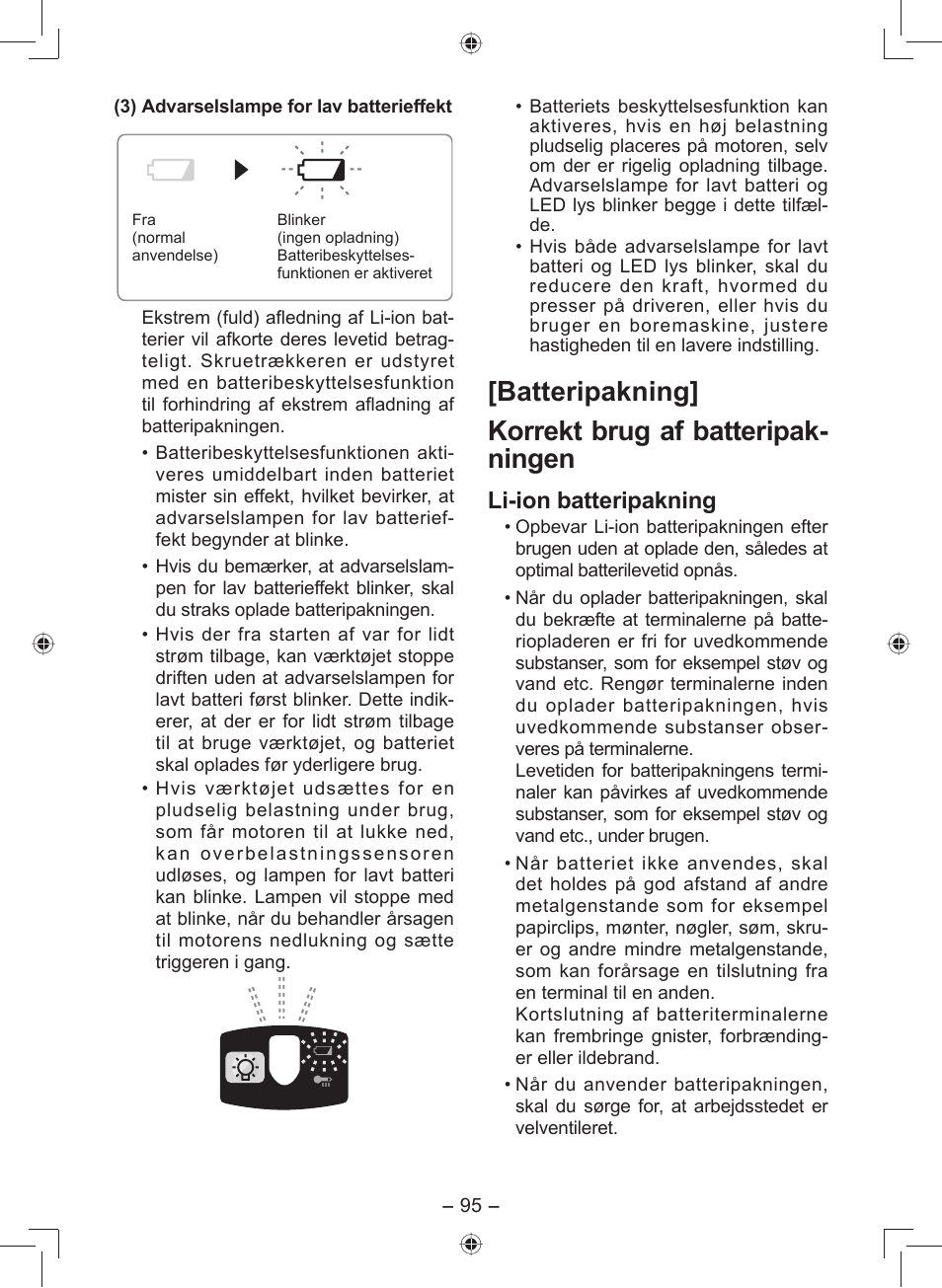 Batteripakning] korrekt brug af batteripak- ningen, Li-ion batteripakning | Panasonic EY7549 User Manual | Page 95 / 140