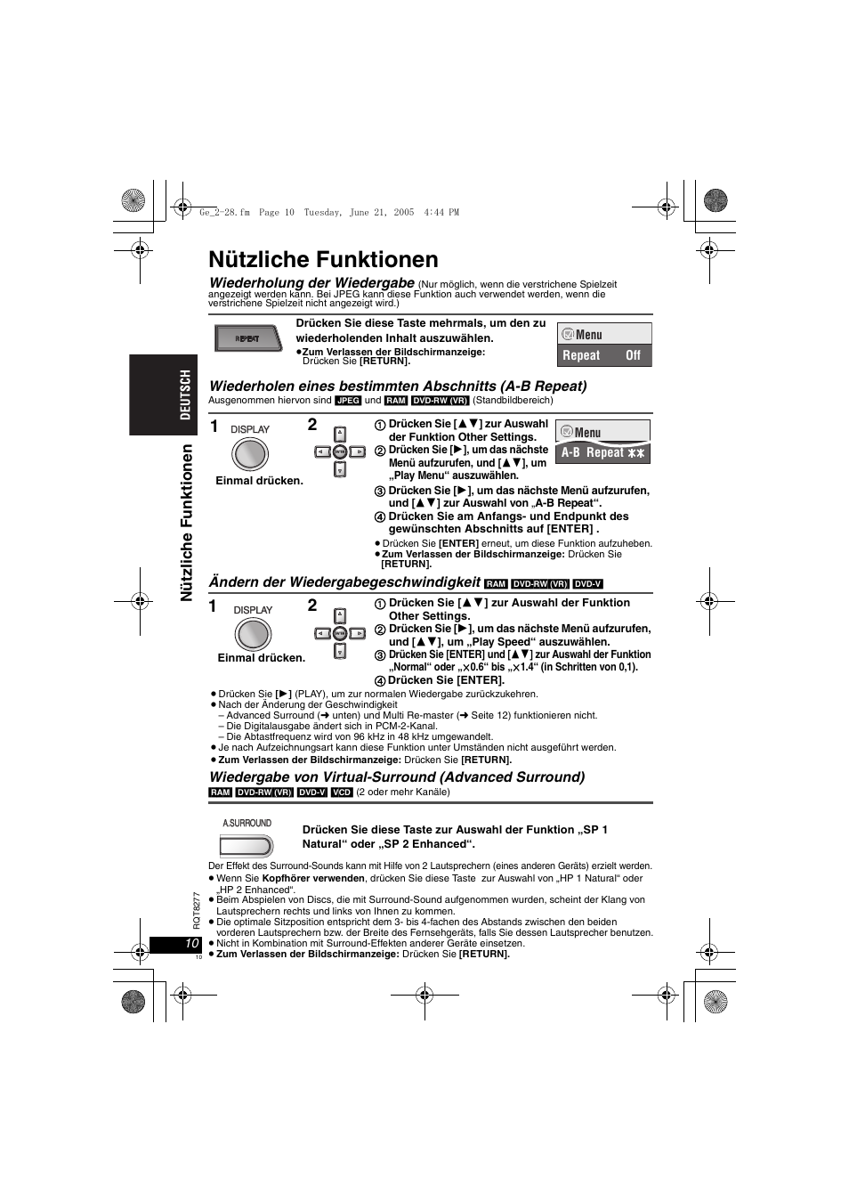 Nützliche funktionen, Nüt z li c he funkt ionen, Wiederholung der wiedergabe | Ändern der wiedergabegeschwindigkeit | Panasonic DVDLS90 User Manual | Page 10 / 56