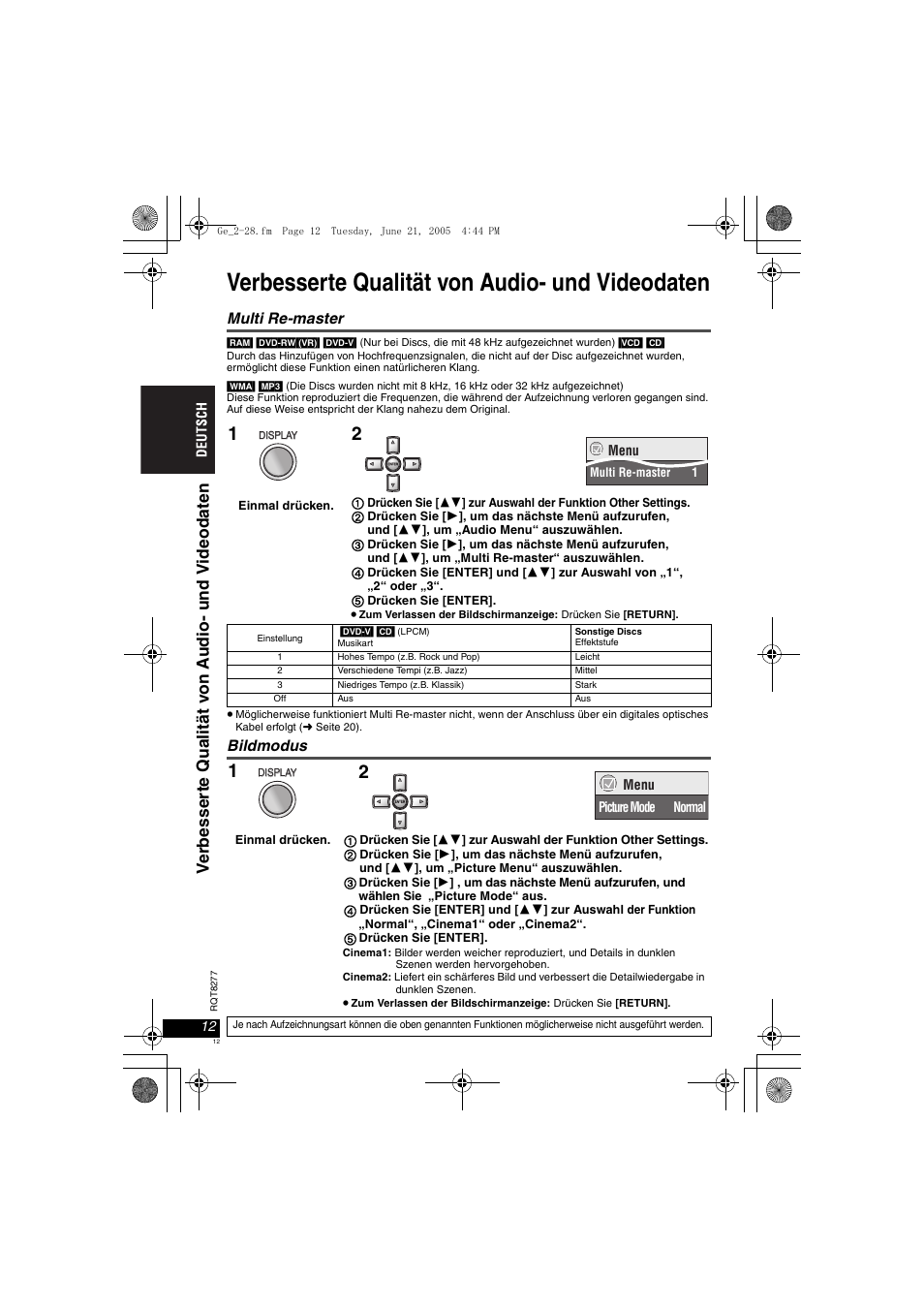 Verbesserte qualität von audio- und videodaten, Multi re-master, Bildmodus | Panasonic DVDLS90 User Manual | Page 12 / 56