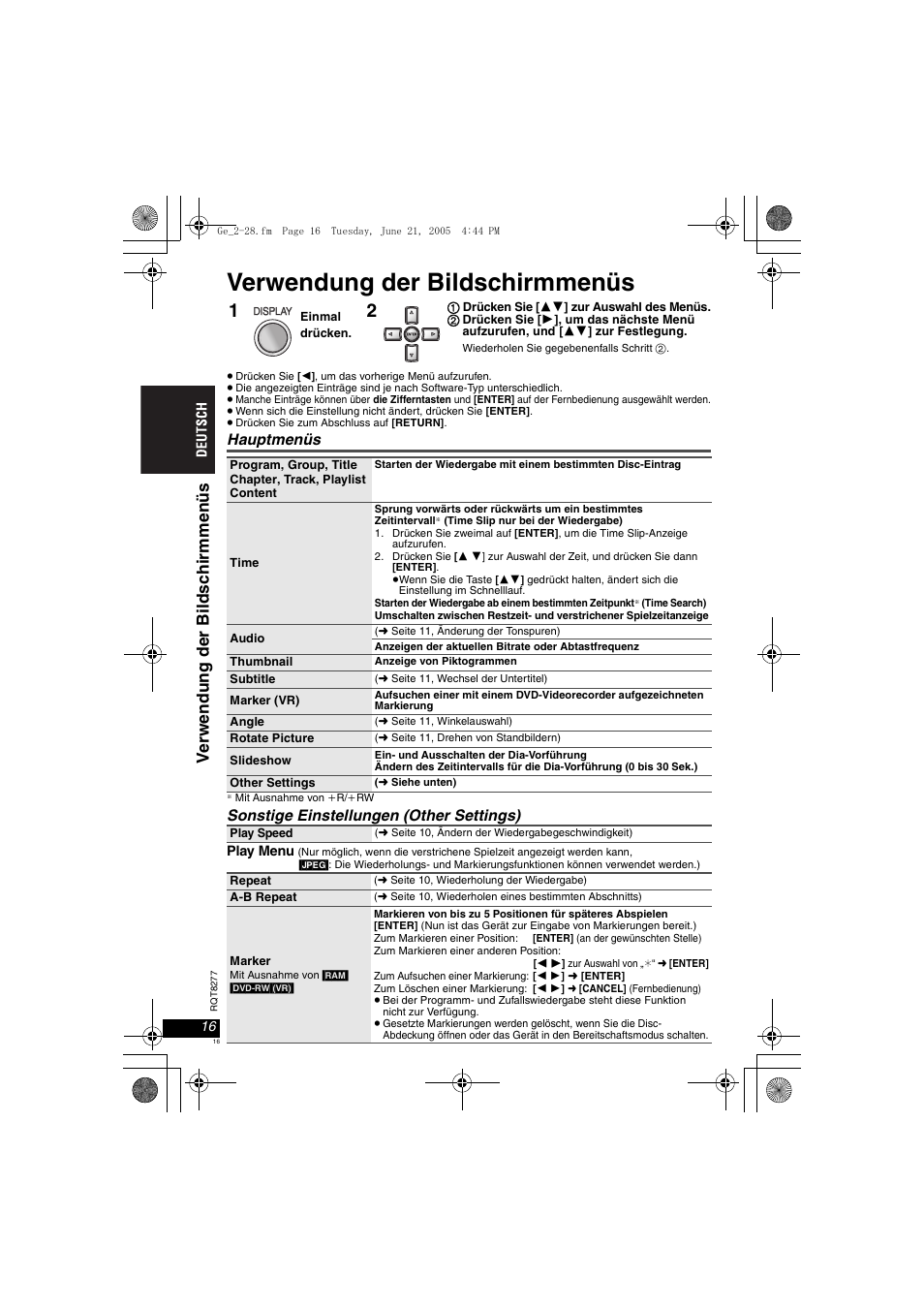 Verwendung der bildschirmmenüs, Hauptmenüs, Sonstige einstellungen (other settings) | Panasonic DVDLS90 User Manual | Page 16 / 56