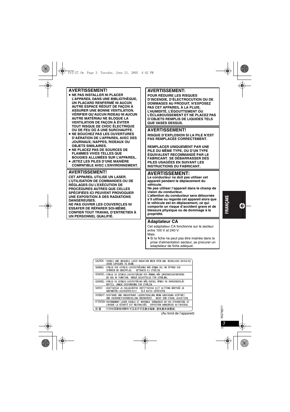 Avertissement | Panasonic DVDLS90 User Manual | Page 29 / 56