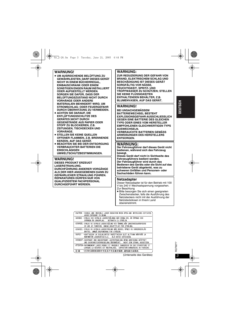 Warnung | Panasonic DVDLS90 User Manual | Page 3 / 56