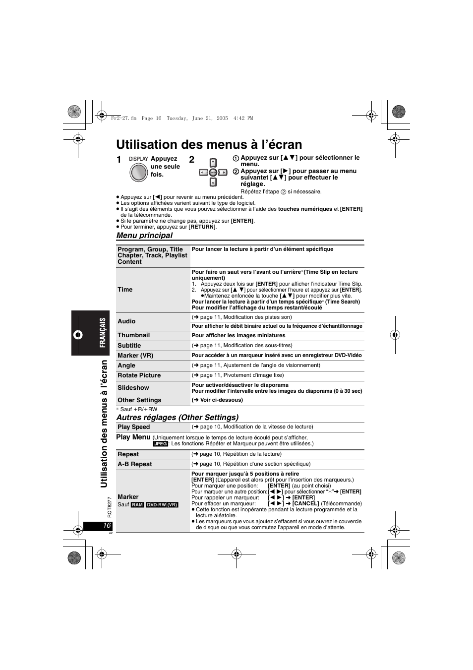 Utilisation des menus à l’écran, Menu principal, Autres réglages (other settings) | Panasonic DVDLS90 User Manual | Page 42 / 56