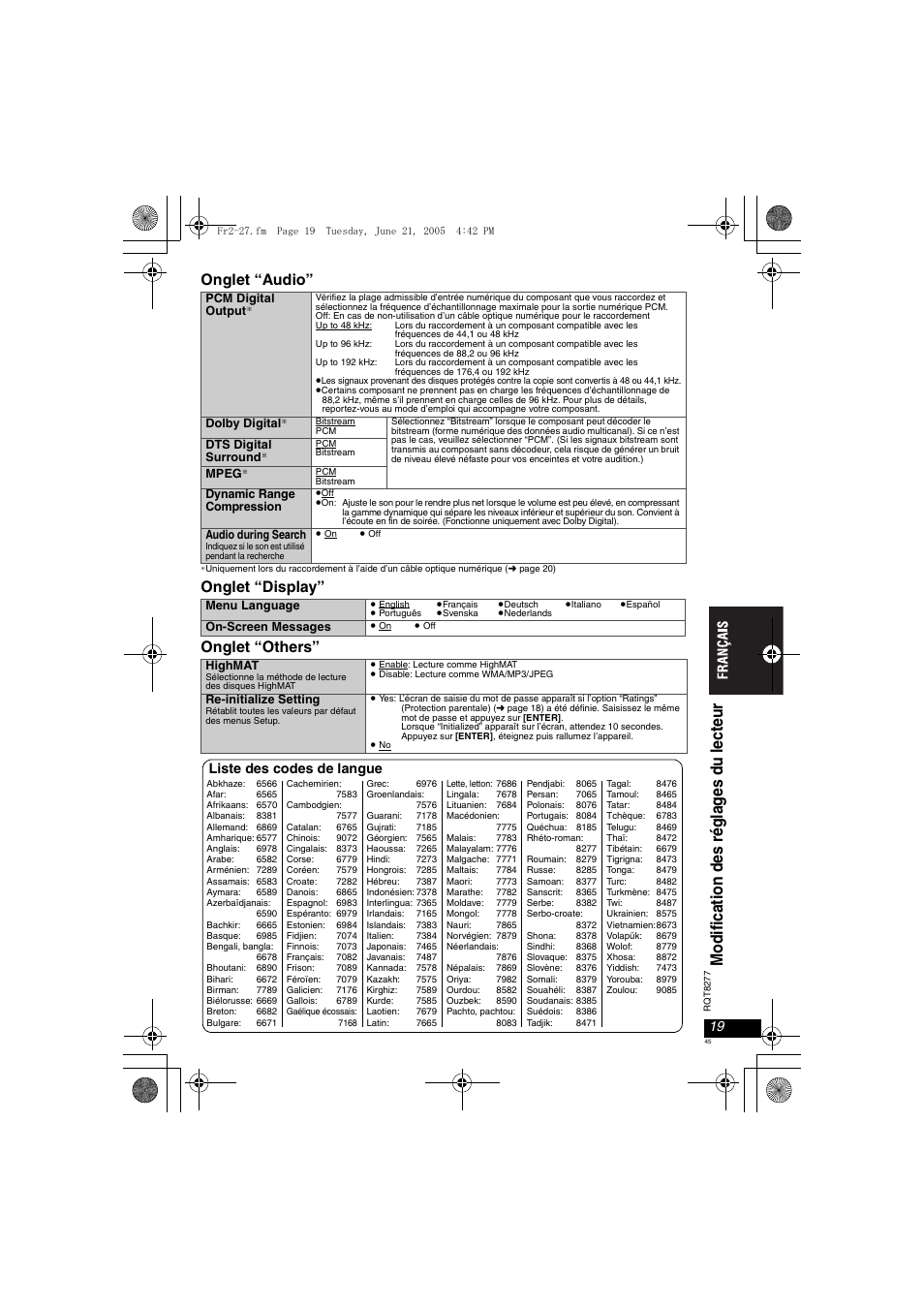 Onglet “audio, Onglet “display” onglet “others, Liste des codes de langue | Panasonic DVDLS90 User Manual | Page 45 / 56