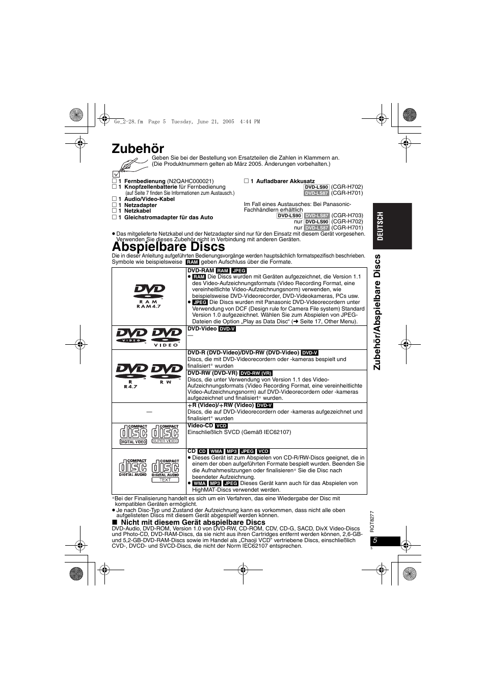 Zubehör, Abspielbare discs, Zubehör /abspi el bare discs | Panasonic DVDLS90 User Manual | Page 5 / 56